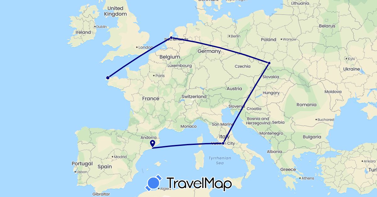 TravelMap itinerary: driving in Spain, France, Italy, Netherlands, Poland (Europe)